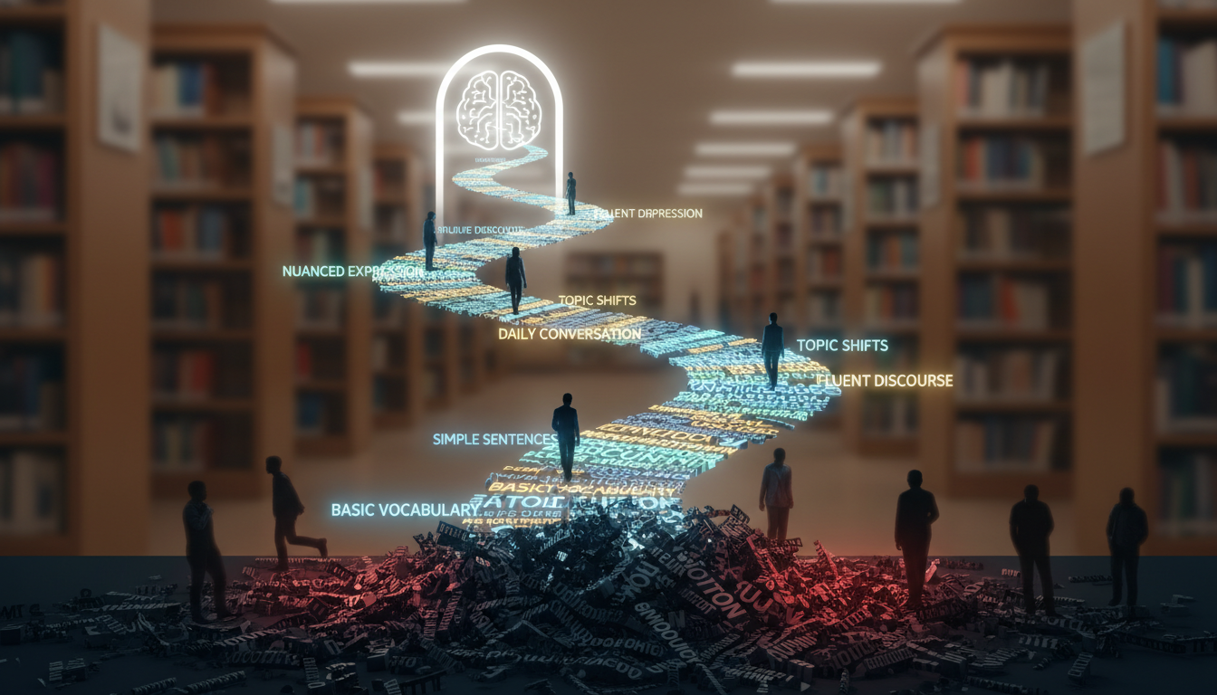 英語が話せるようになるまでの順番を表した学習ステップのイメージ