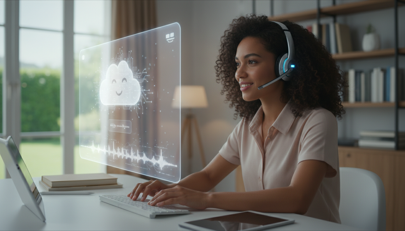 AI英会話でスピーキング練習をする女性｜オンライン英語学習のイメージ