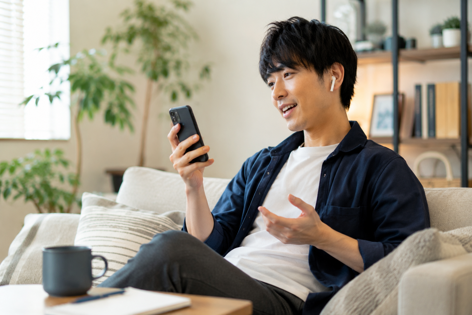 携帯でAIと英会話レッスンを行なっている男性のイメージ画像