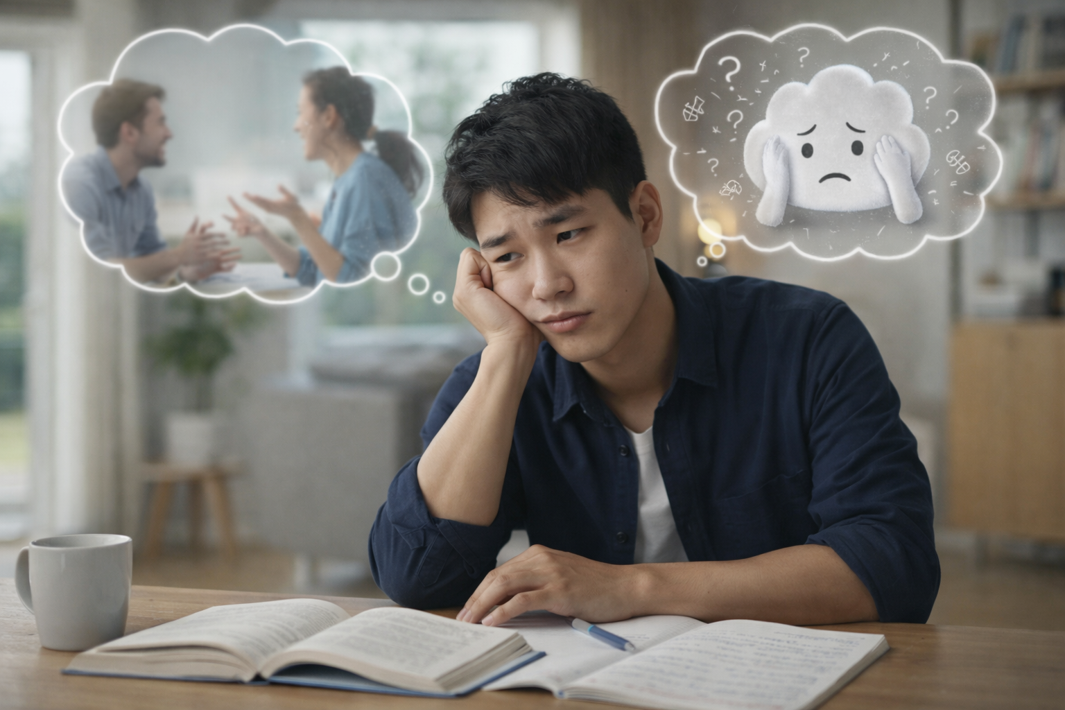 英会話が続かず悩む男性｜話したいのに言葉が出ない英語学習のイメージ