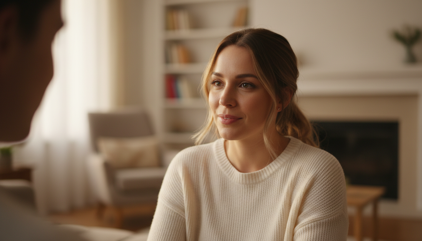 英会話の悩みについてリラックスした雰囲気で相談を受けている女性の様子