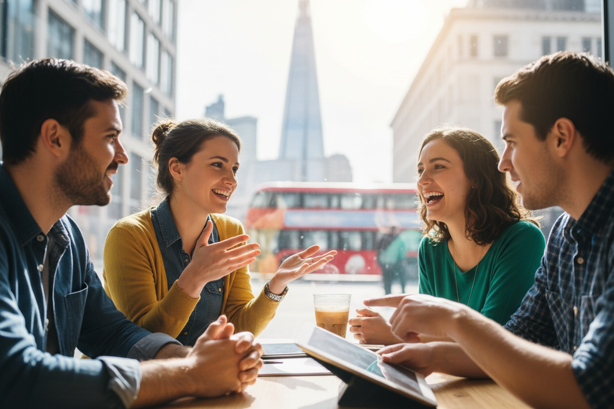 カフェで英語で会話する外国人グループのイメージ画像