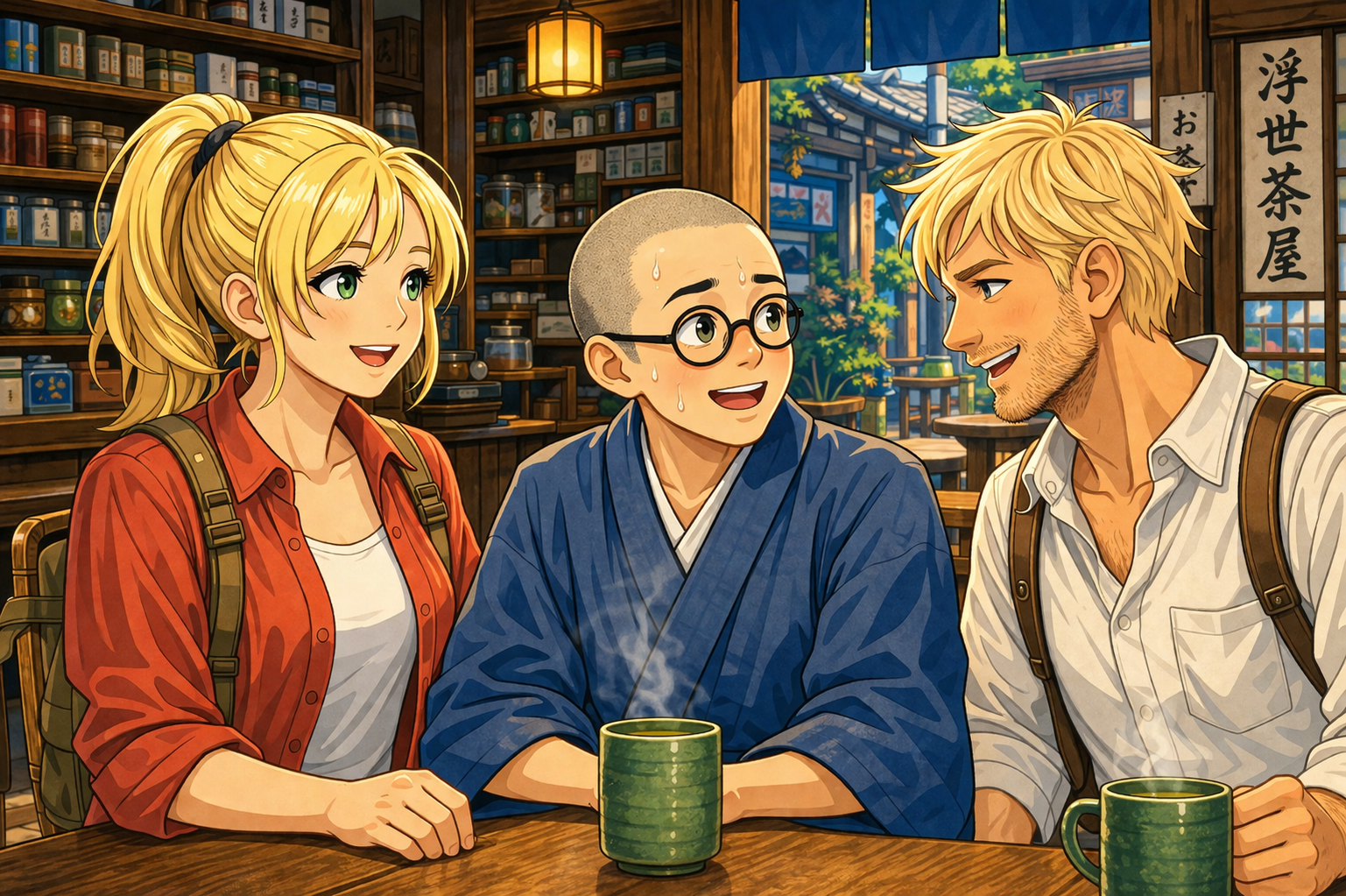 浮世茶屋で楽しそうに話す三人のイメージ画像