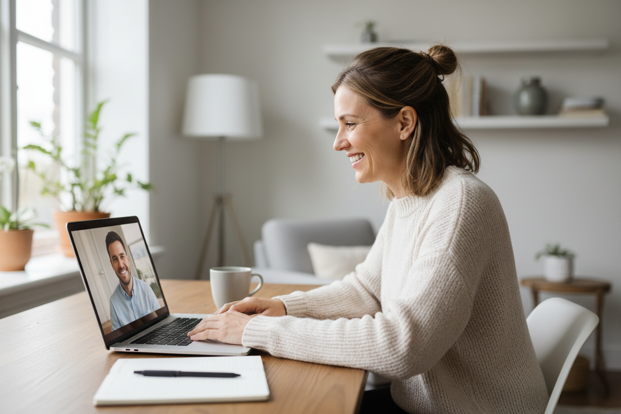 パソコンの前でオンライン英会話レッスンを受けている女性のイメージ画像
