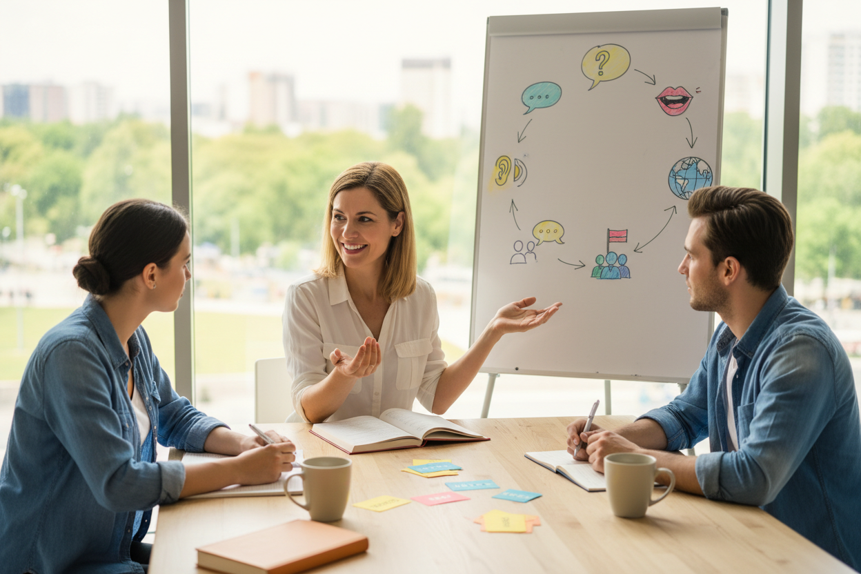 英会話スクールで先生と初めて英語で会話をする生徒たちのイメージ画像