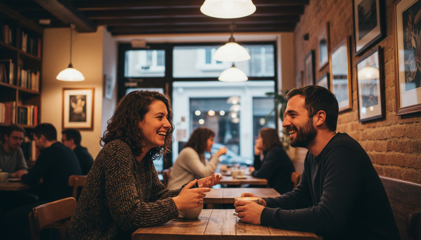 カフェで英語でのキャッチボール、英会話を楽しんでいる男女のイメージ画像
