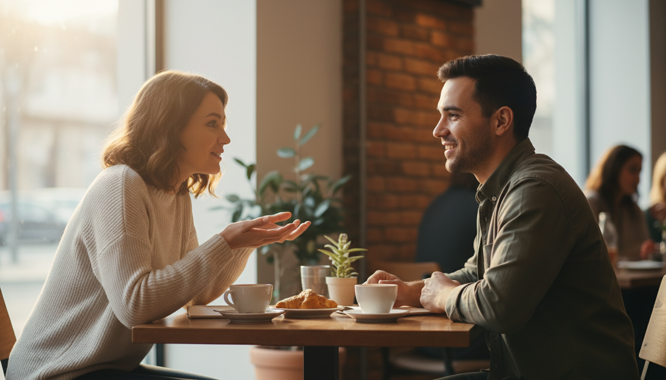 英語で会話を楽しんでいるカフェにいる男女のイメージ画像
