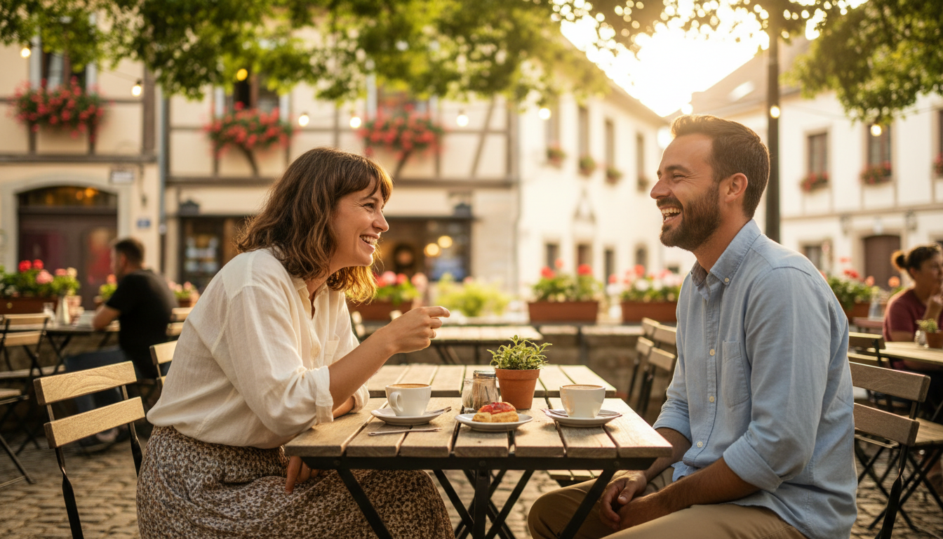 屋外カフェでリラックスして英会話を楽しむ男女の様子