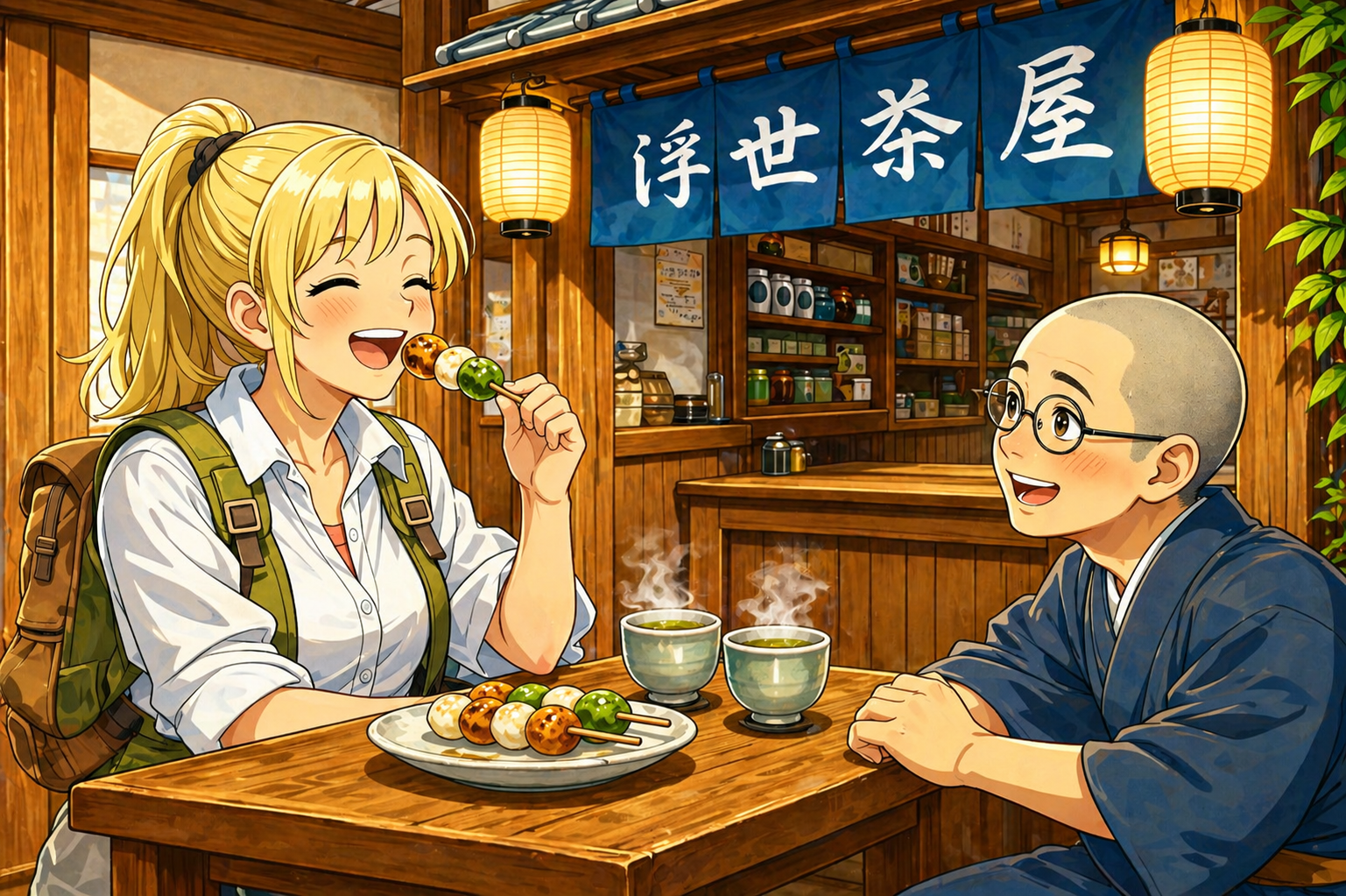 美味しそうに浮世茶屋の団子を食べるオリビアとそれを見ている文太のイメージ画像
