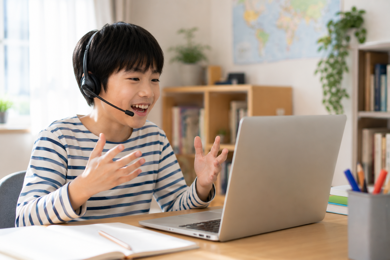 オンライン英会話を楽しんでいる小学生のイメージ画像