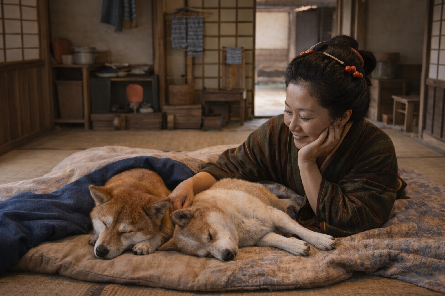 江戸時代の長屋の一室で、女性が２匹の犬たちと床で昼寝をしているイメージ画像