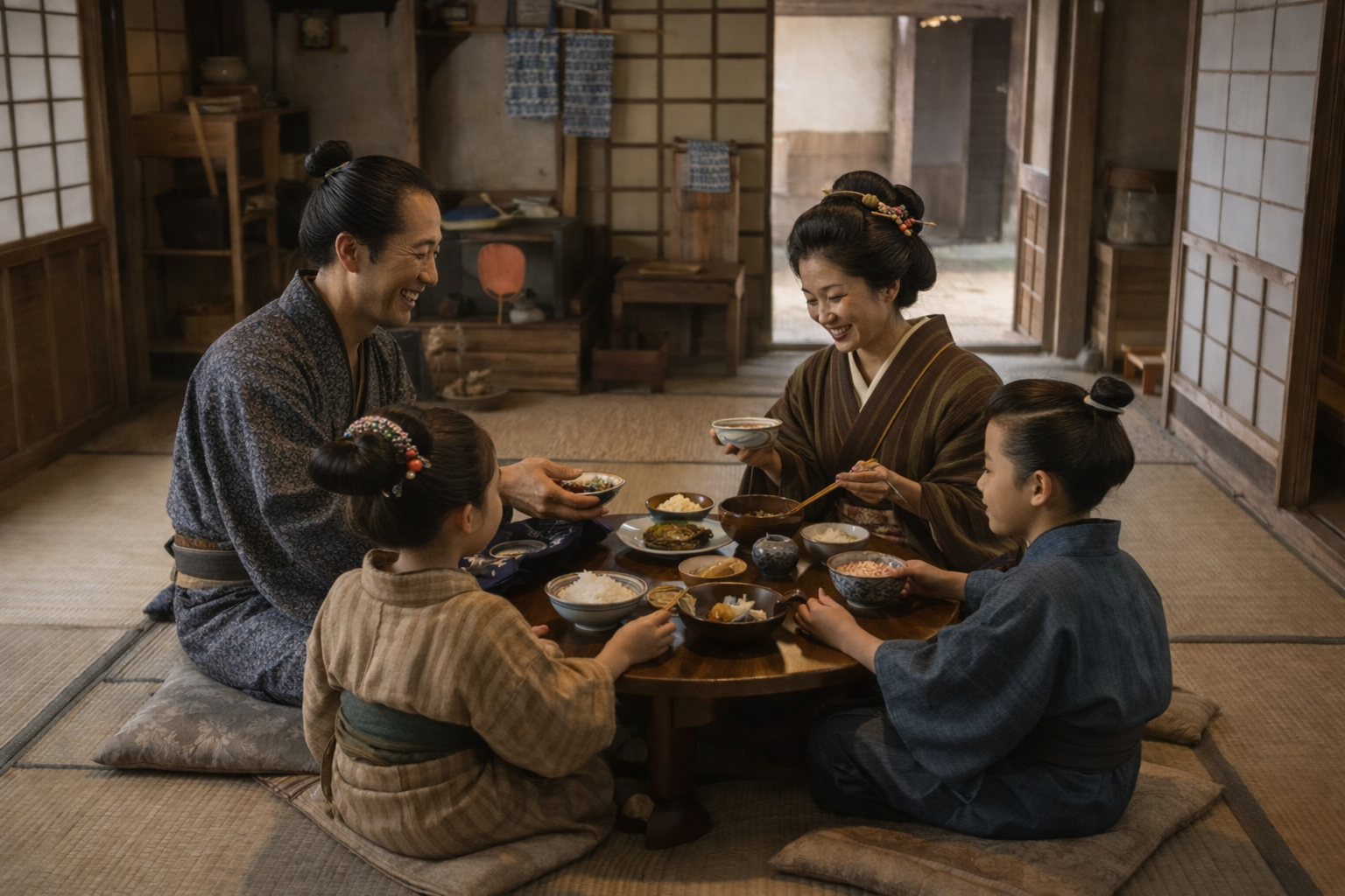 江戸時代の長屋で暮らす人々がちゃぶ台を囲んで家族団欒食事をしているイメージ画像