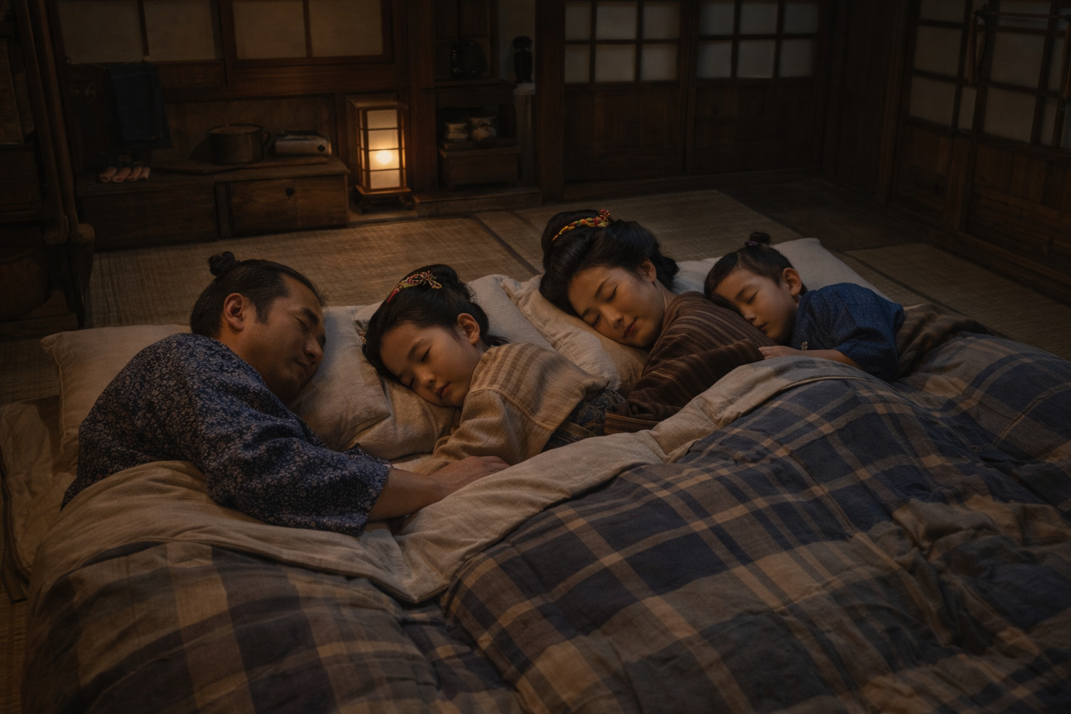 江戸時代の人が家族みんな集まって布団に入って寝ているイメージ画像