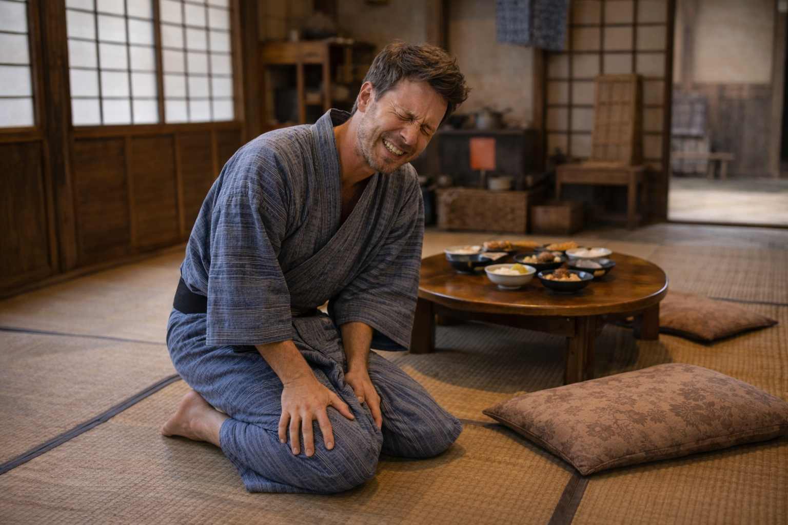 ずっと正座をしていたら足が痺れて立てなくなってしまった外国人の男性のイメージ画像