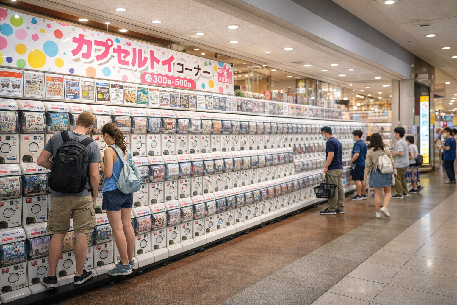 たくさん並ぶカプセルトイマシーンの前で外国人が遊んでいるイメージ画像