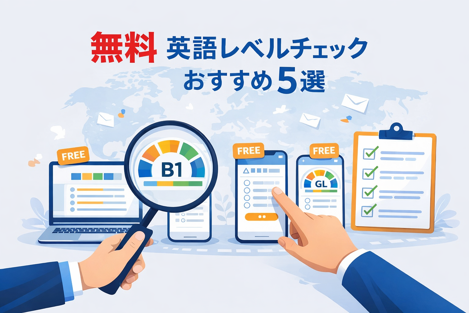 無料でできる英語レベルチェック5選を比較しながら選んでいるイメージ