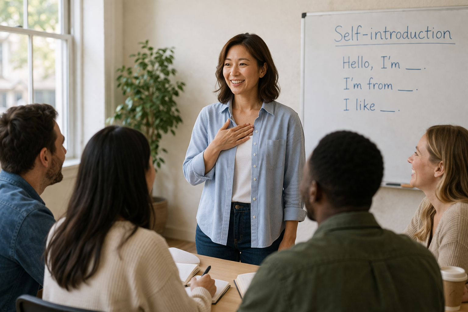 英会話スクールで他の生徒の前で自己紹介をしている女性のイメージ画像