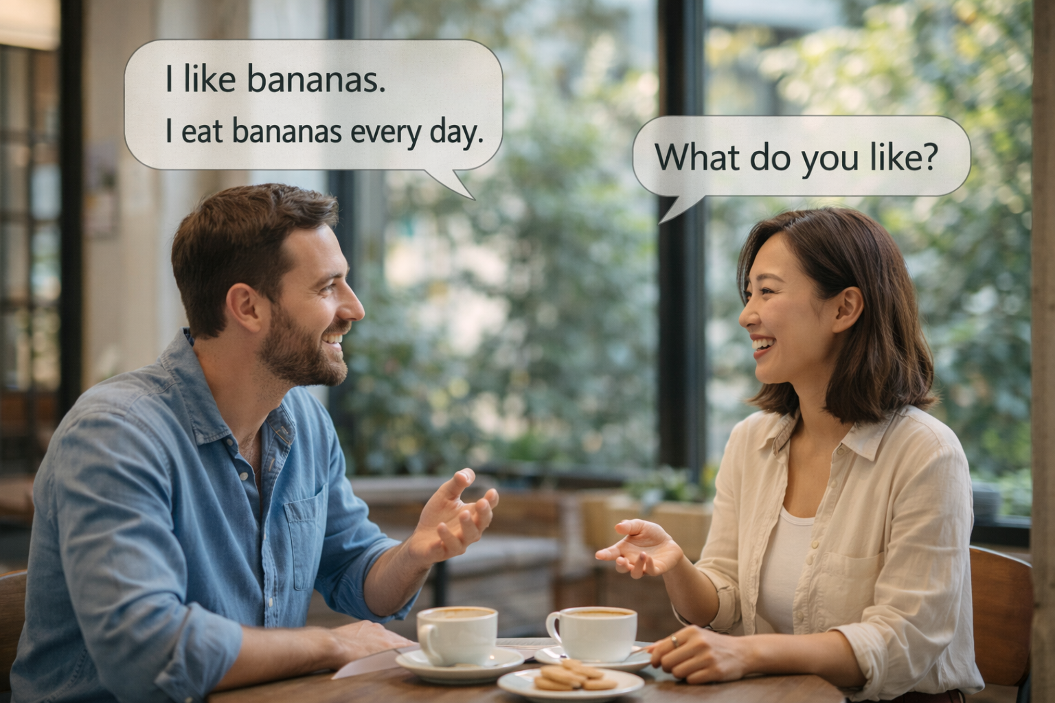 英語を使って、男女がカフェで話をしているイメージ画像