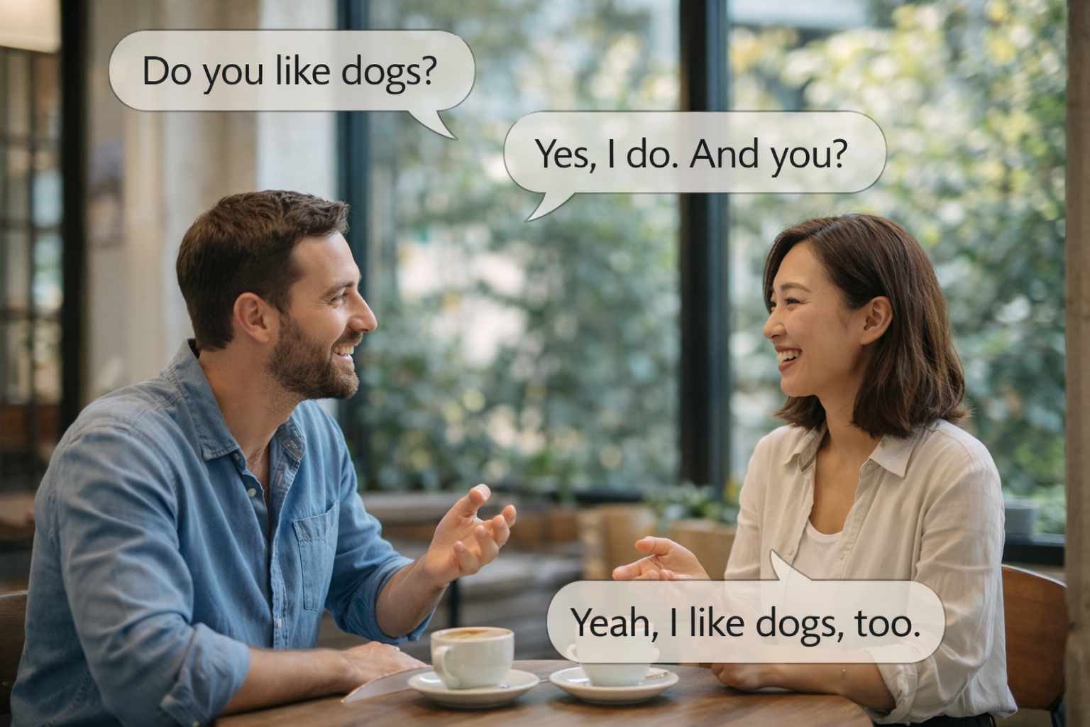 カフェにて、男女が英会話で質問をし合っているイメージ画像