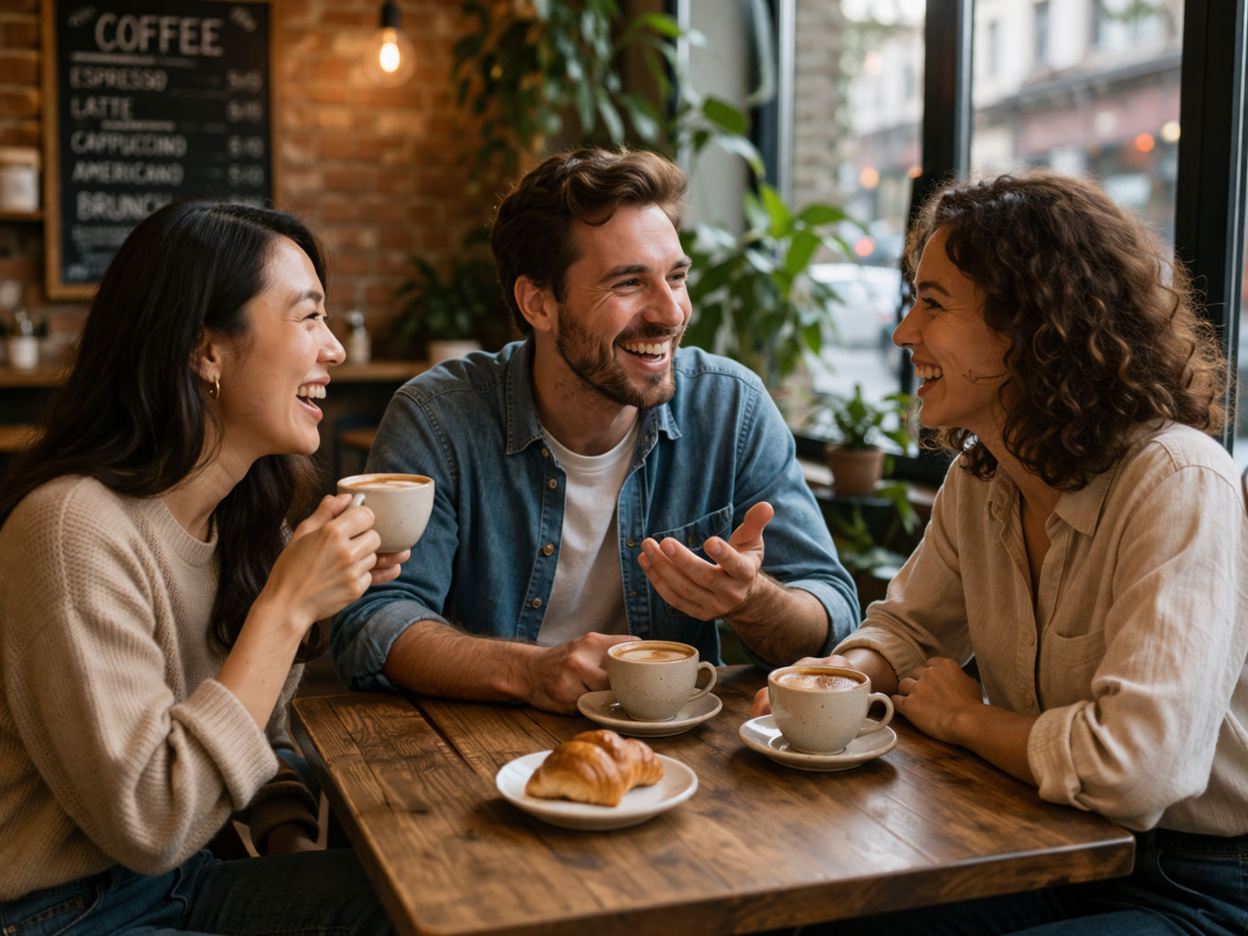 3人組がカフェで英語での会話を楽しんでいるイメージ画像