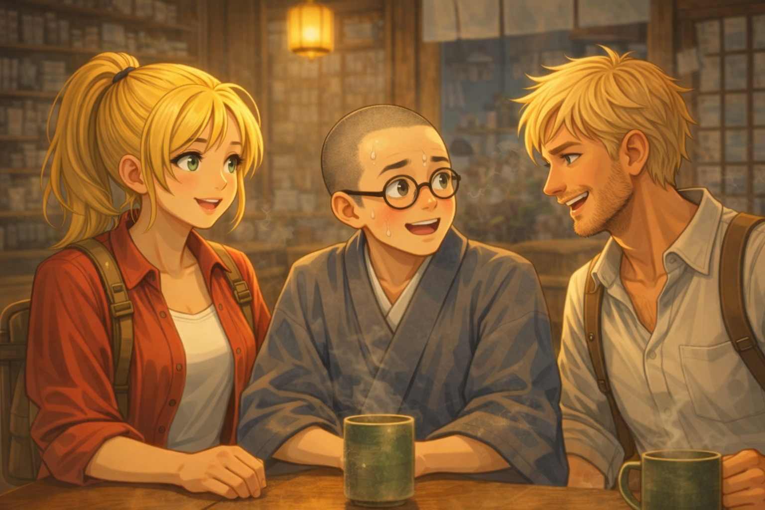 英語で自分の考えを言えて安堵している主人公とその友達のイメージ