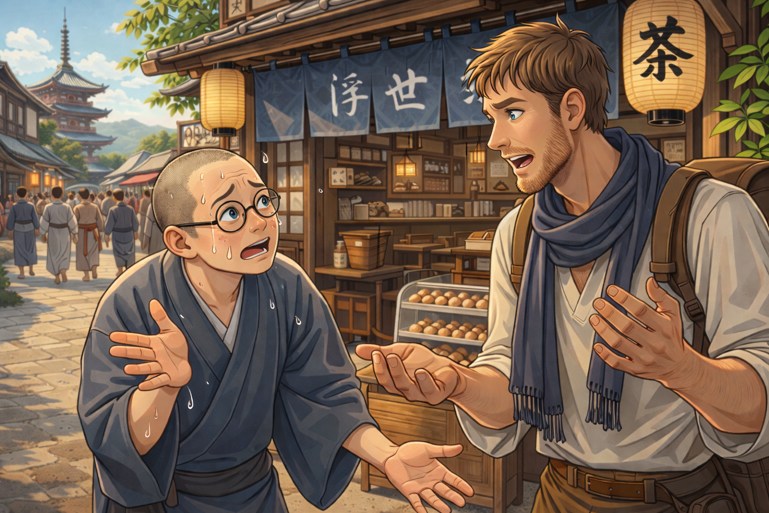 外国人に道を聞かれて慌てている日本人青年のイメージがぞ