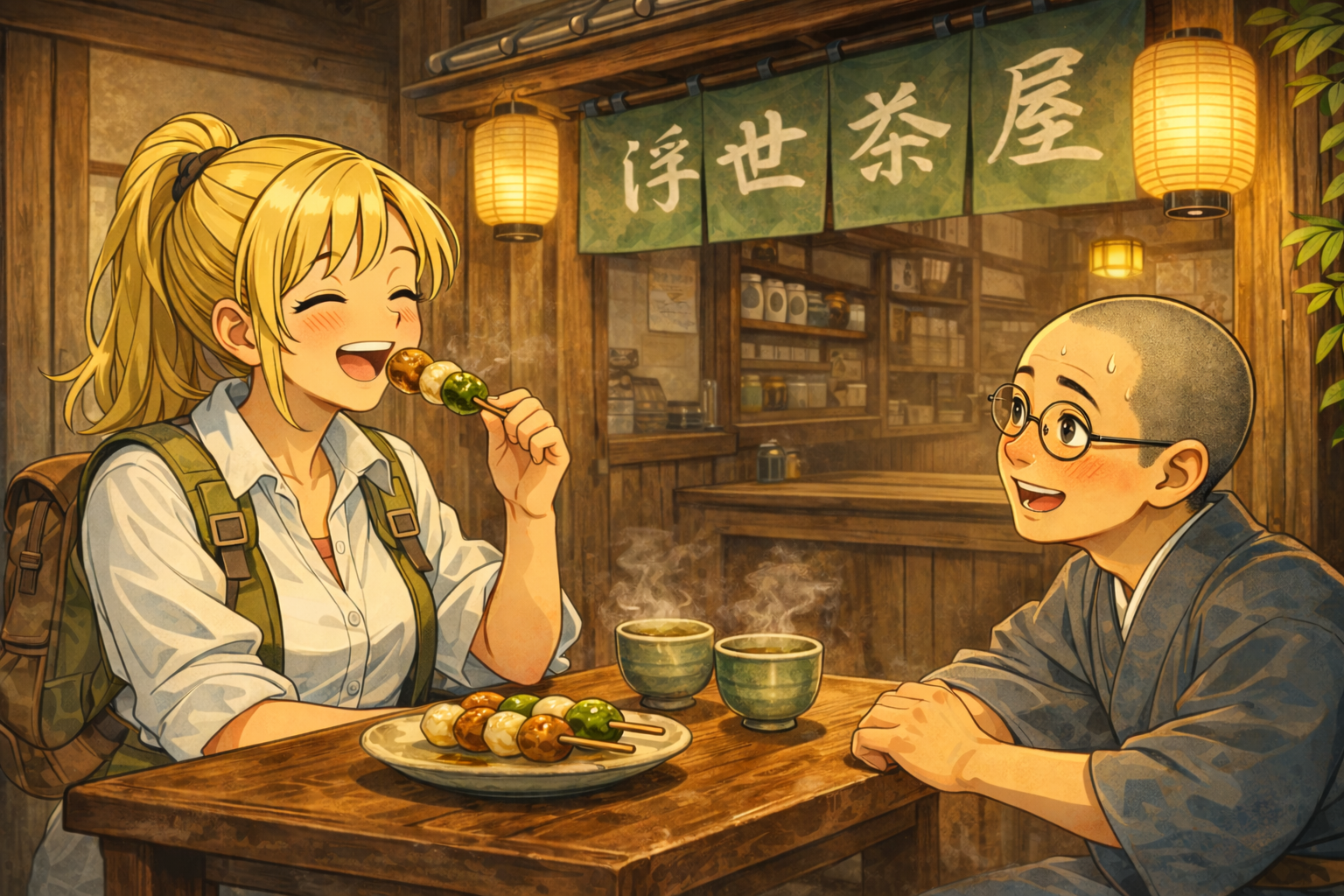 団子を美味しそうに食べている姿を嬉しそうに見ている青年のイメージ画像