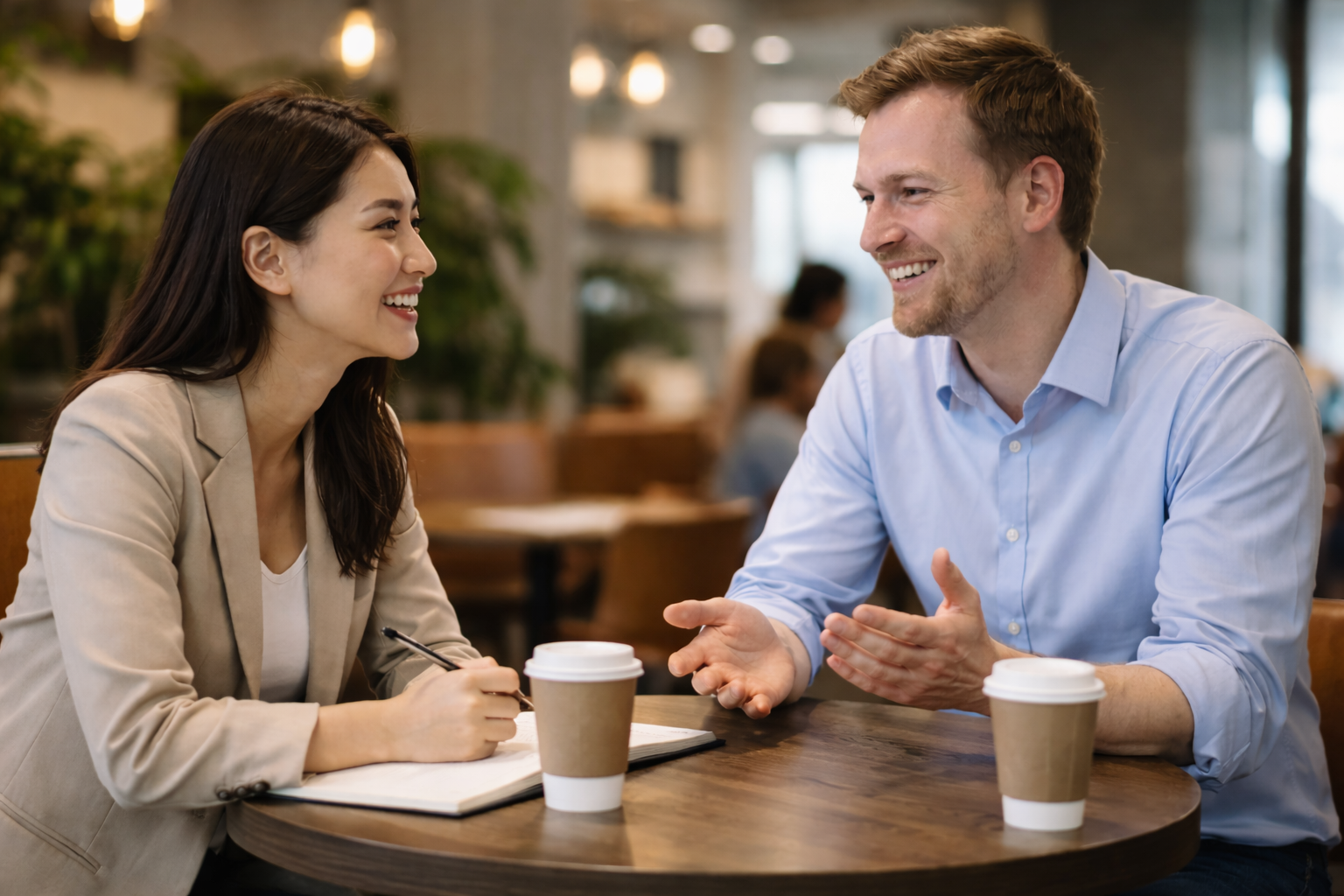 日本人女性が、英語コーチングスクールでネイティブ講師とマンツーマンで英語を学習しているイメージ画像。