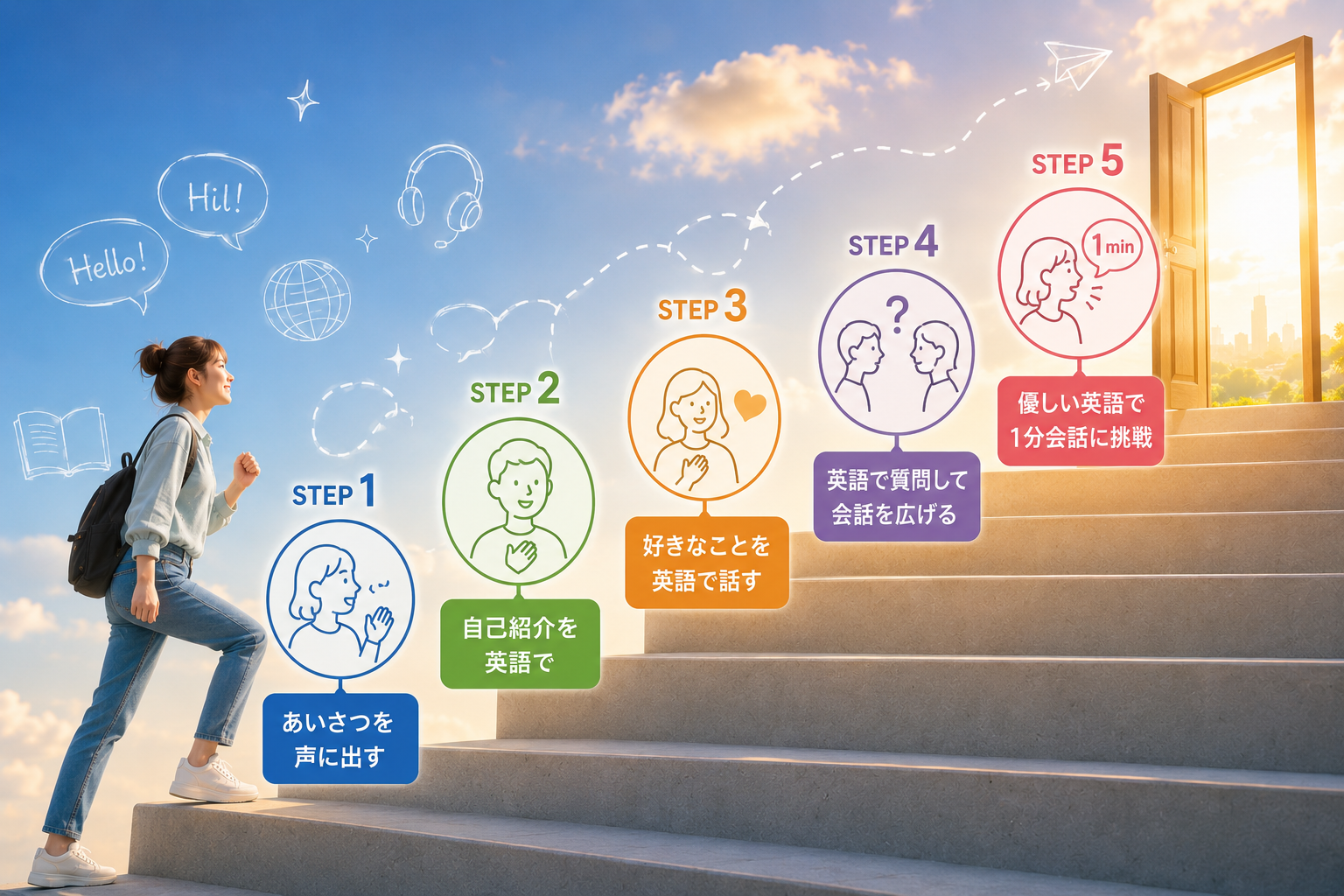 英会話初心者に向けてわかりやすく説明した5ステップのイメージ画像