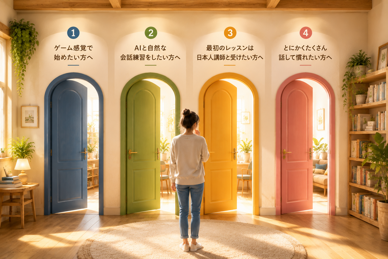 自分に合った英語学習を選択できる4つの扉の前に立っている女性のイメージ画像