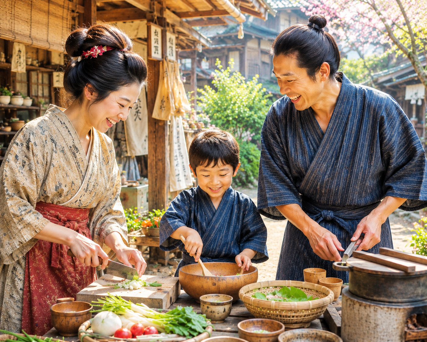 江戸庶民の若夫婦と子供が、楽しそうに家族で料理をしているイメージ画像