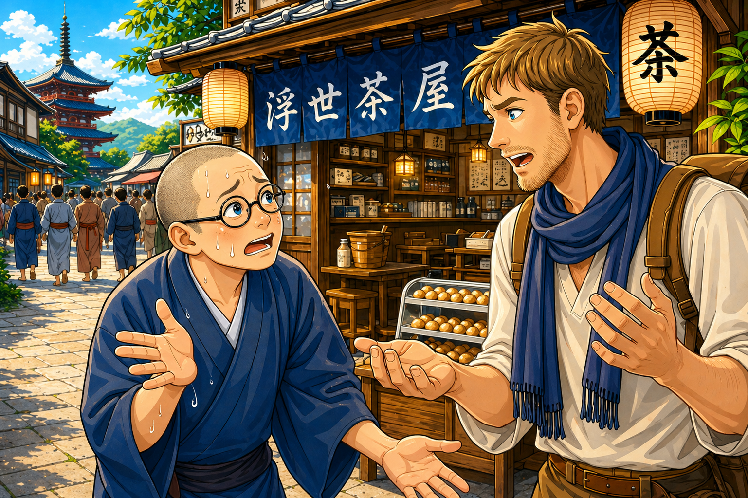 外国人に道を聞かれて困っている文太のイメージ画像