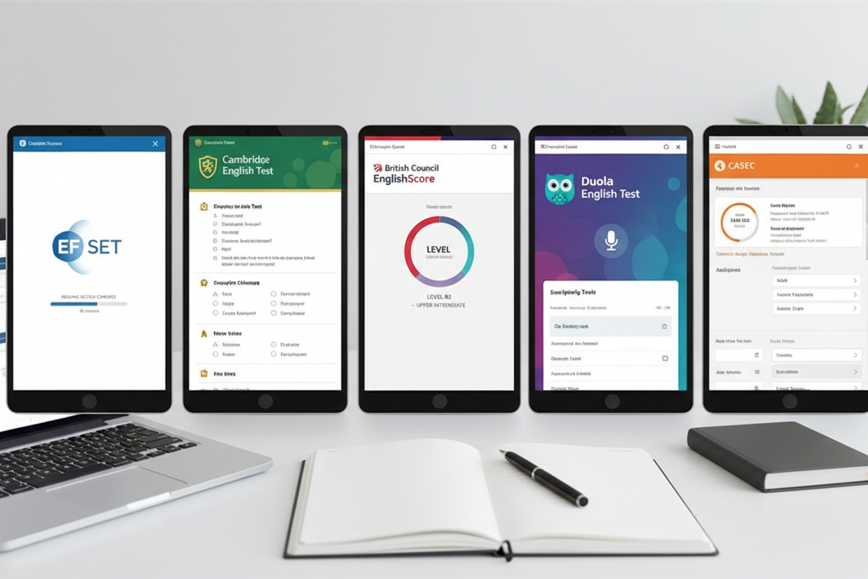 オンライン英語レベルチェックアプリの画面（EF SET・Duolingo・CASECなど）