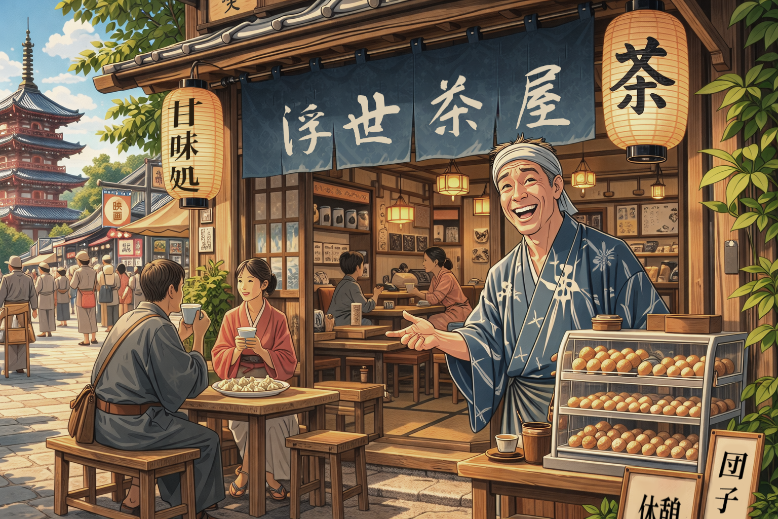 店先で団子を売っている男性のイメージ画像