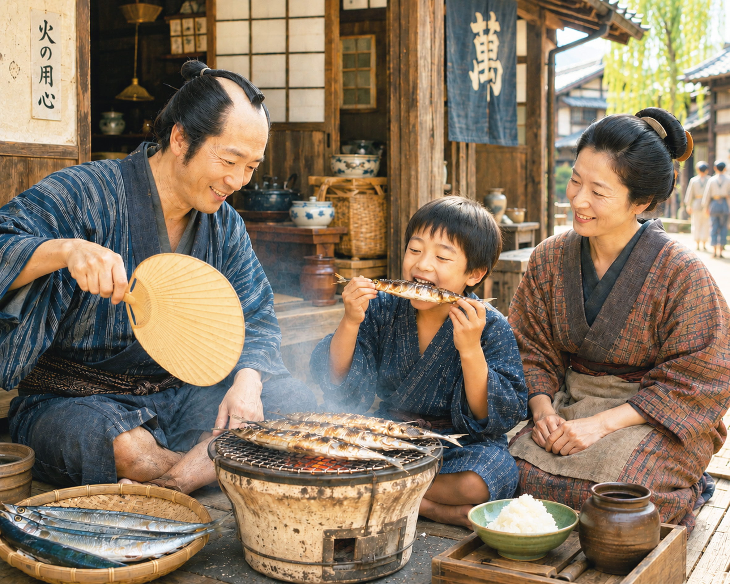 七輪で秋刀魚を焼く江戸時代の家族のイメージ画像