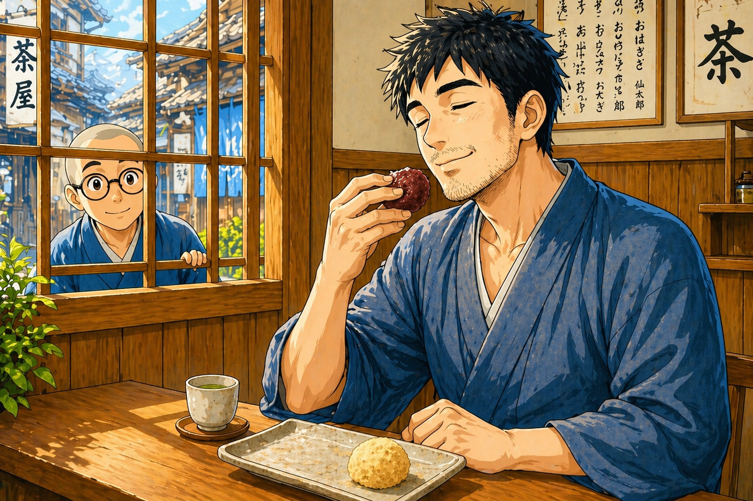仙太郎の粒あんおはぎを幸せそうに食べるルカ太郎のイメージ画像