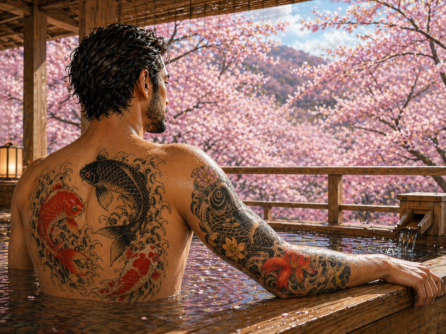 桜を見ながら温泉を楽しむ外国人のイメージ画像 A foreign visitor enjoys onsen while looking at cherry blossoms.