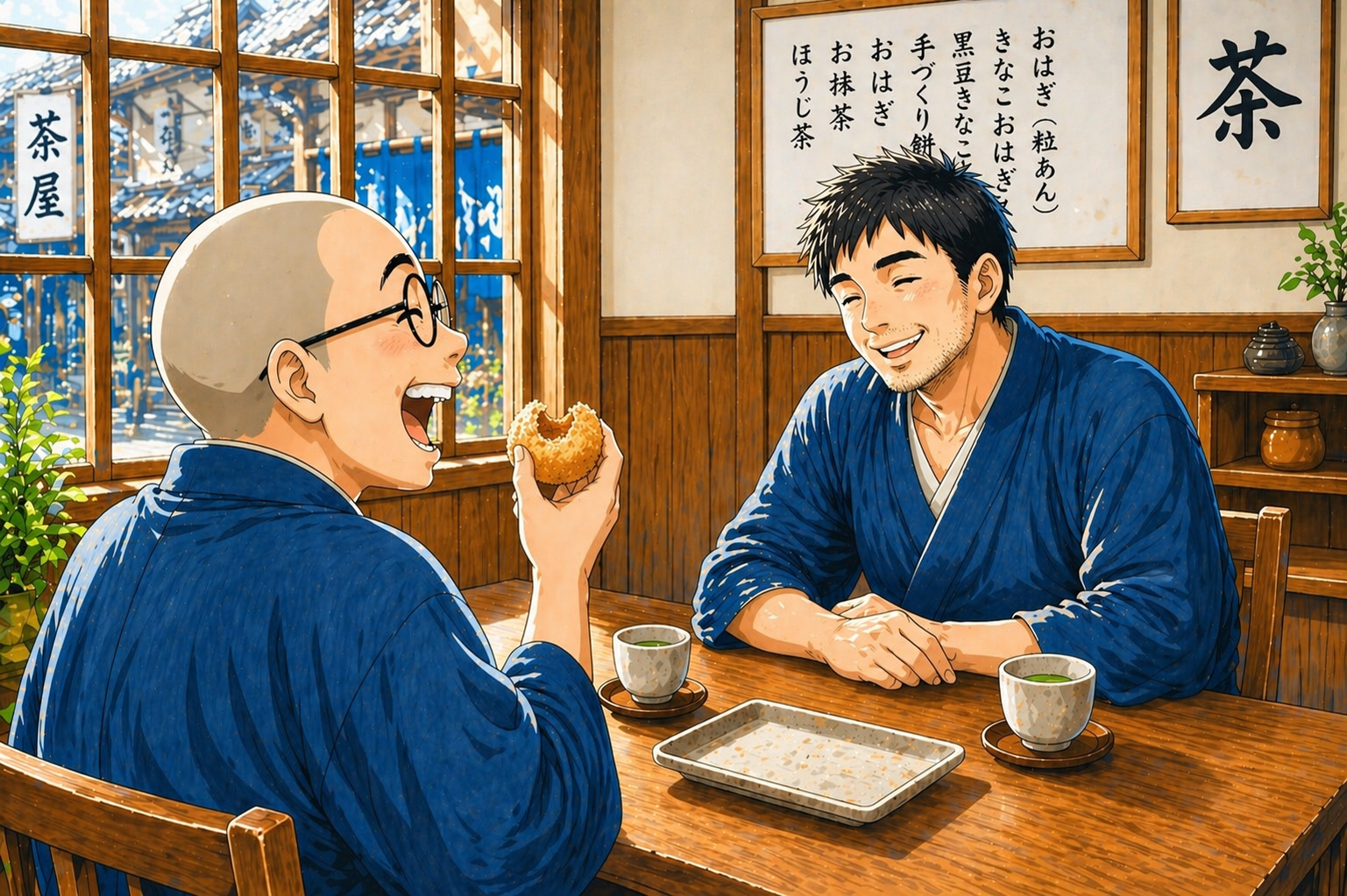 仙太郎のきなこおはぎを美味しそうに食べる文太を見つめるルカ太郎のイメージ画像