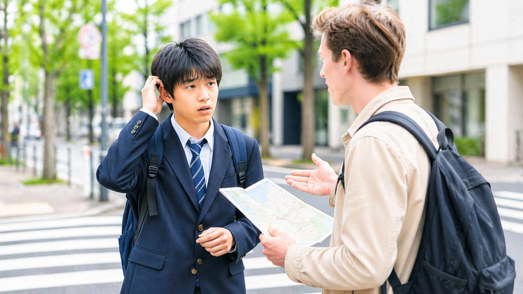 外国人に話しかけられた高校生がなかなか英語が口から出てこなくて困っているイメージ画像