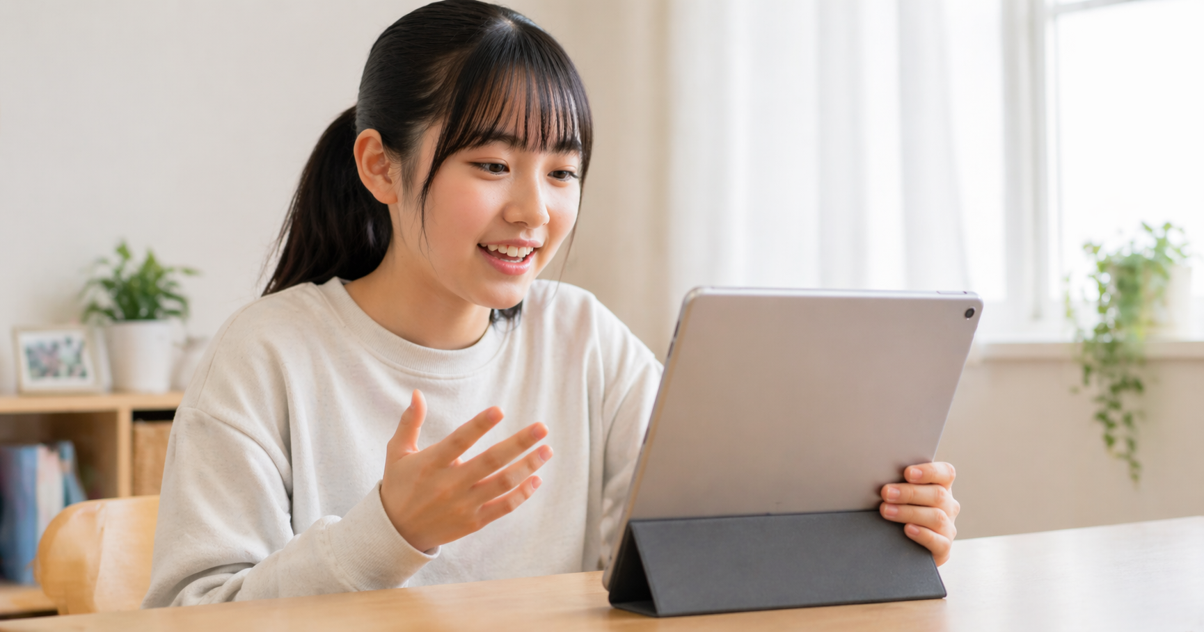 タブレットを使って、英会話の練習をしている女子中学生のイメージ画像