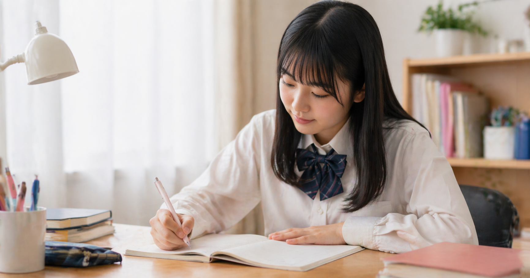 毎日コツコツ、３文日記を英語で書いている女子高校生のイメージ画像