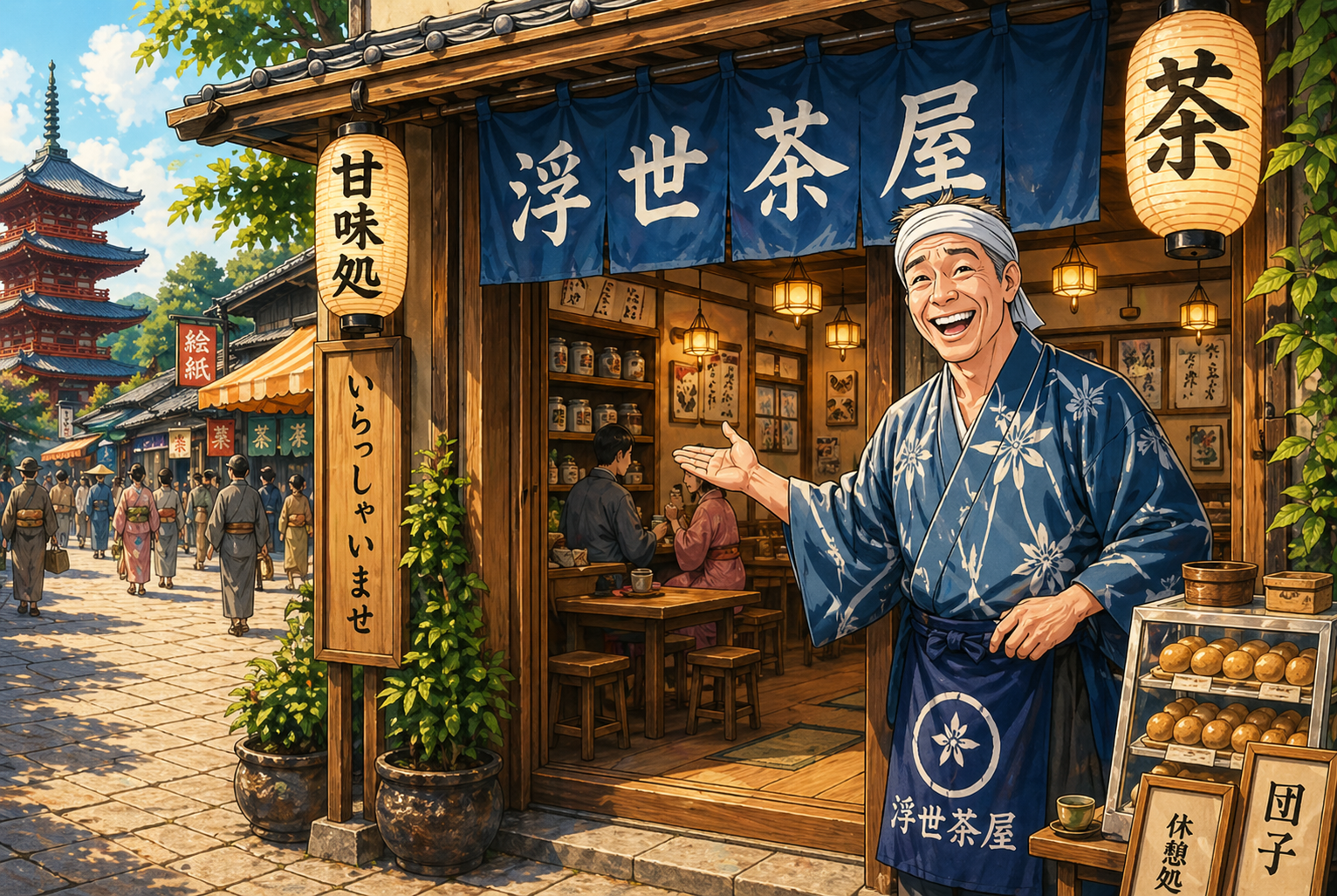 店主の傘衛門が、いらっしゃいませ、と店内へ入るよう促す浮世茶屋シリーズ表紙のイメージ画像