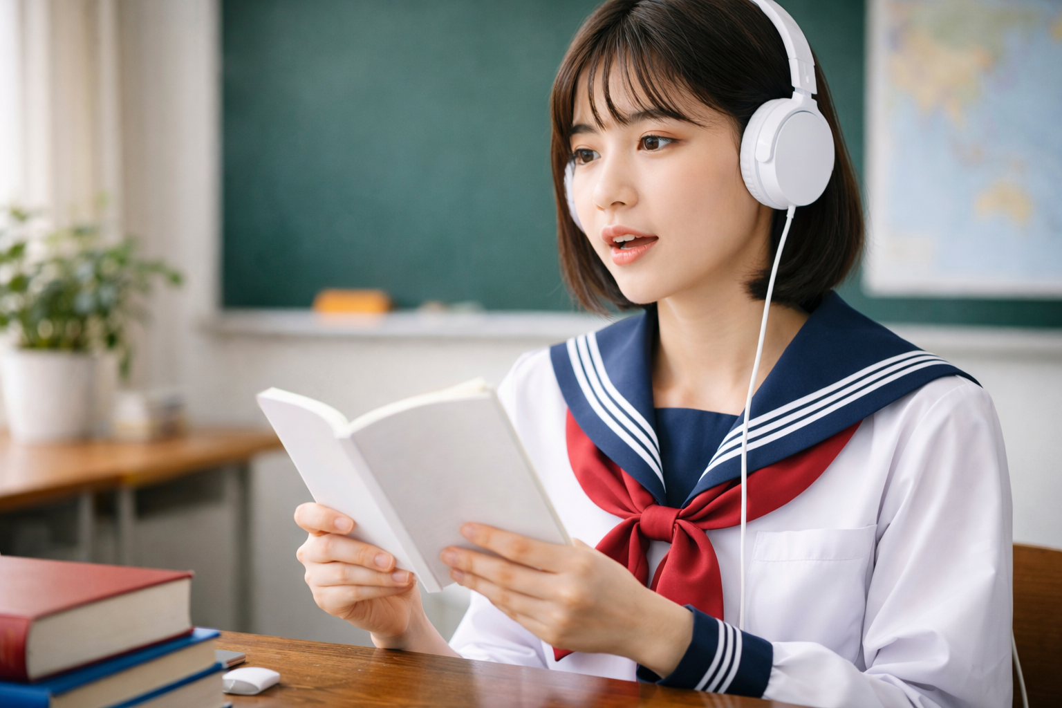 英語の教科書を声に出して読んでいる女子高校生のイメージ画像
