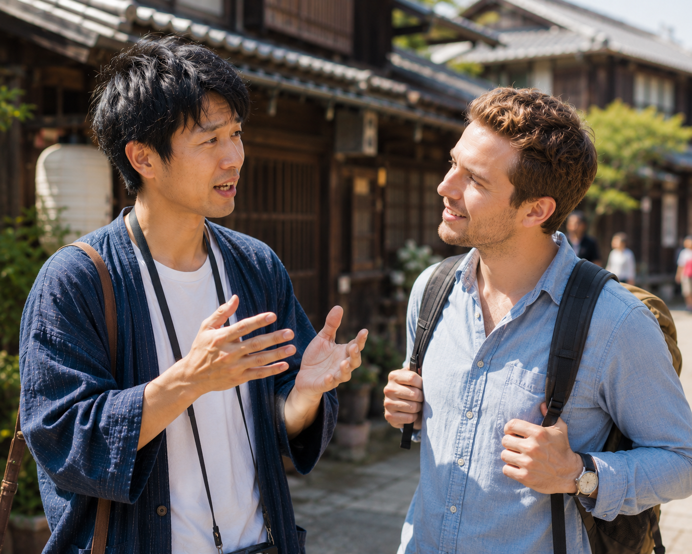 英語が苦手だけど、頑張って伝えようとしている男性のイメージ画像