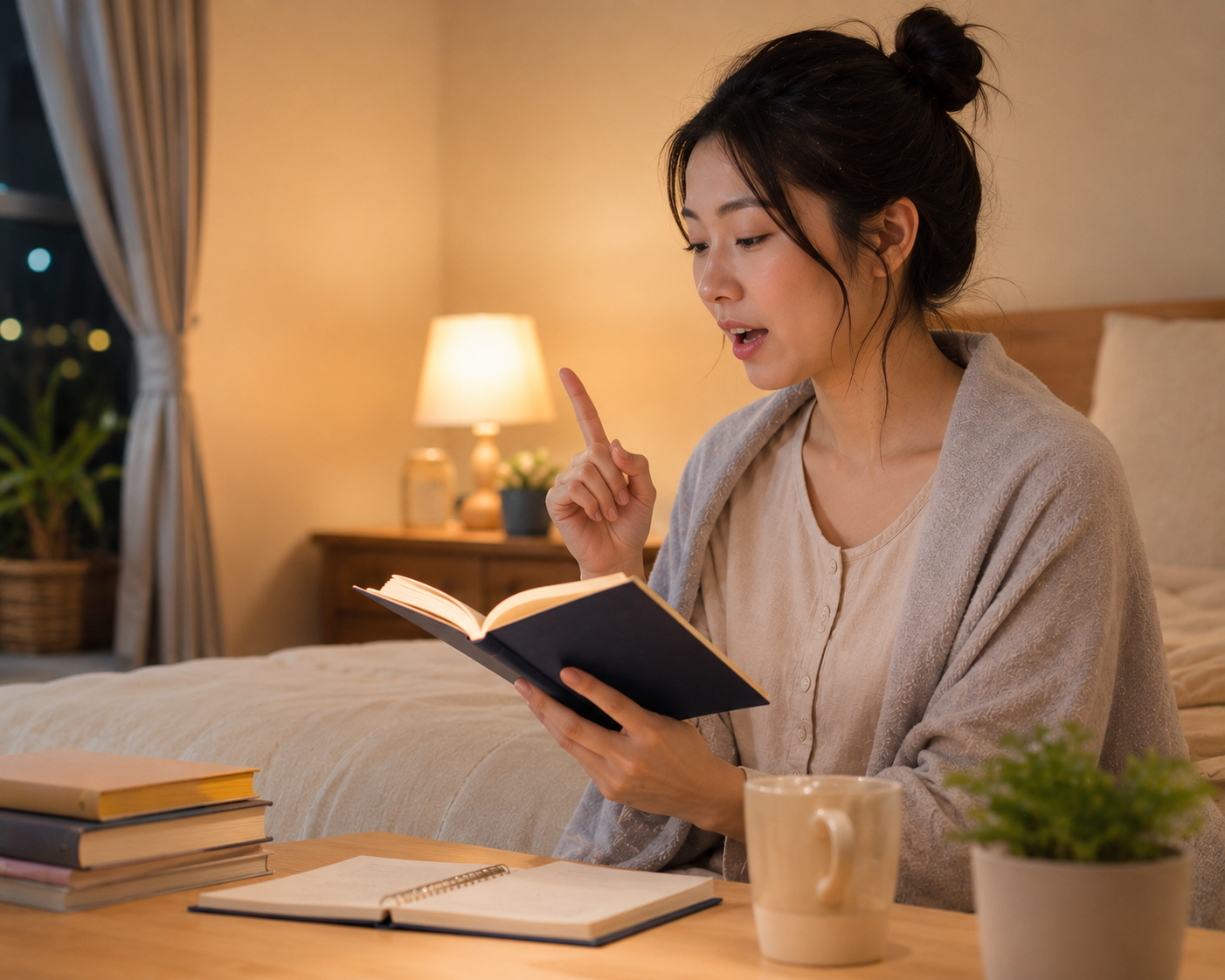 社会人女性が、夜寝る前に英単語を覚えているイメージ画像
