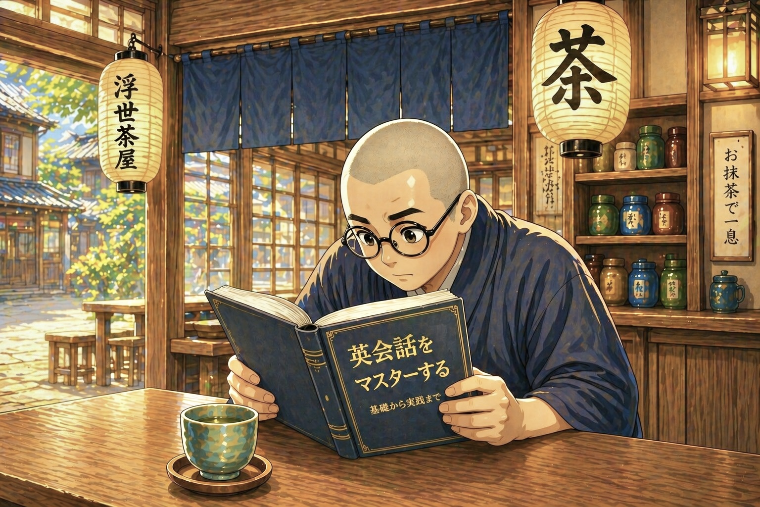 英会話の本を真剣に読む文太のイメージ画像