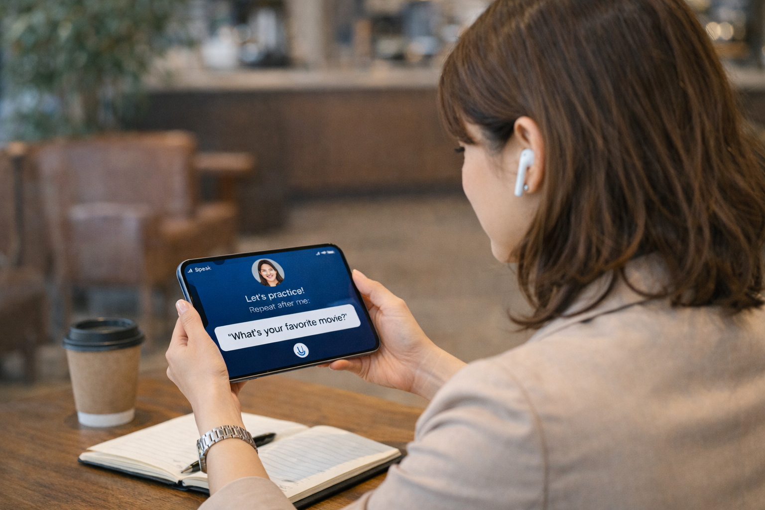 英語アプリSpeakを使って、仕事の休憩中にカフェで英語学習をしている女性のイメージ画像