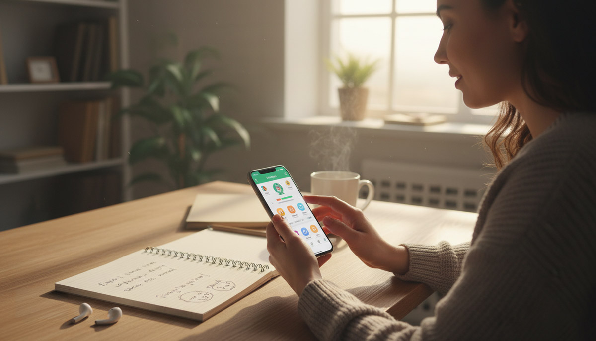 英語AIアプリを使って英語を勉強している女性のイメージ画像