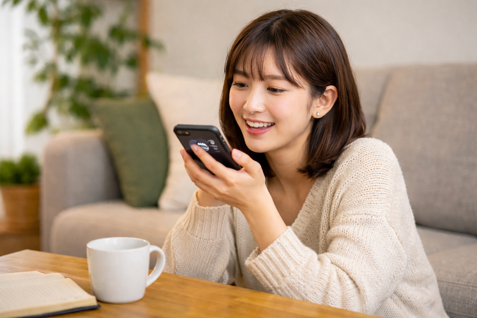 英会話アプリSpeakを用いて、英語の練習をしている女性のイメージ画像