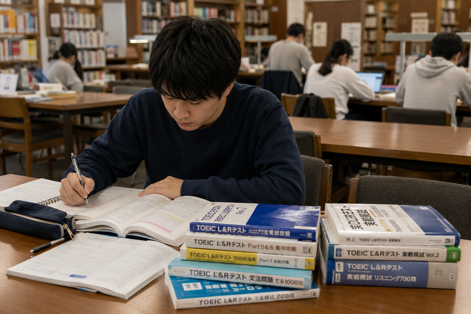 図書館でTOEICの勉強をする大学生のイメージ画像